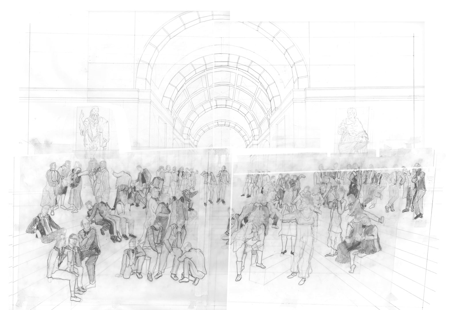 'After Athens' development sketch 11 with rough figures overlayed on structural sketch.