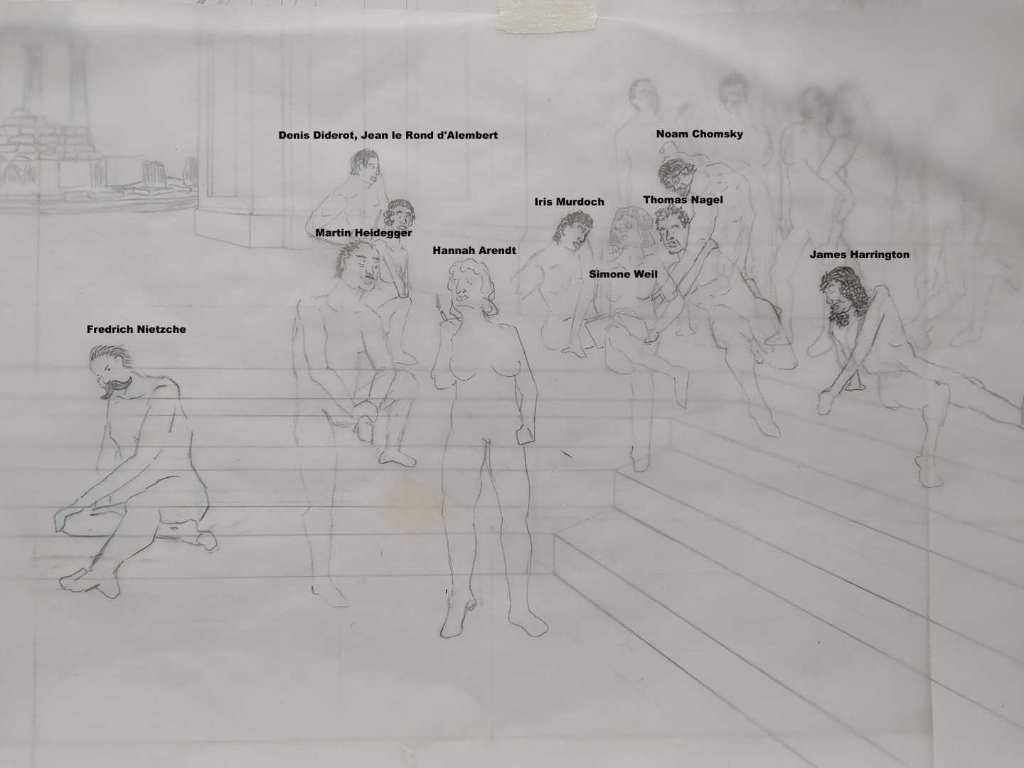 'After Athens' development sketch 5. Close detail of figure's pose and portrait refinement.