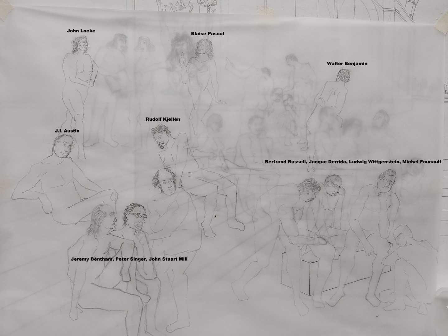 'After Athens' development sketch 7. Close detail of figure's pose and portrait refinement.