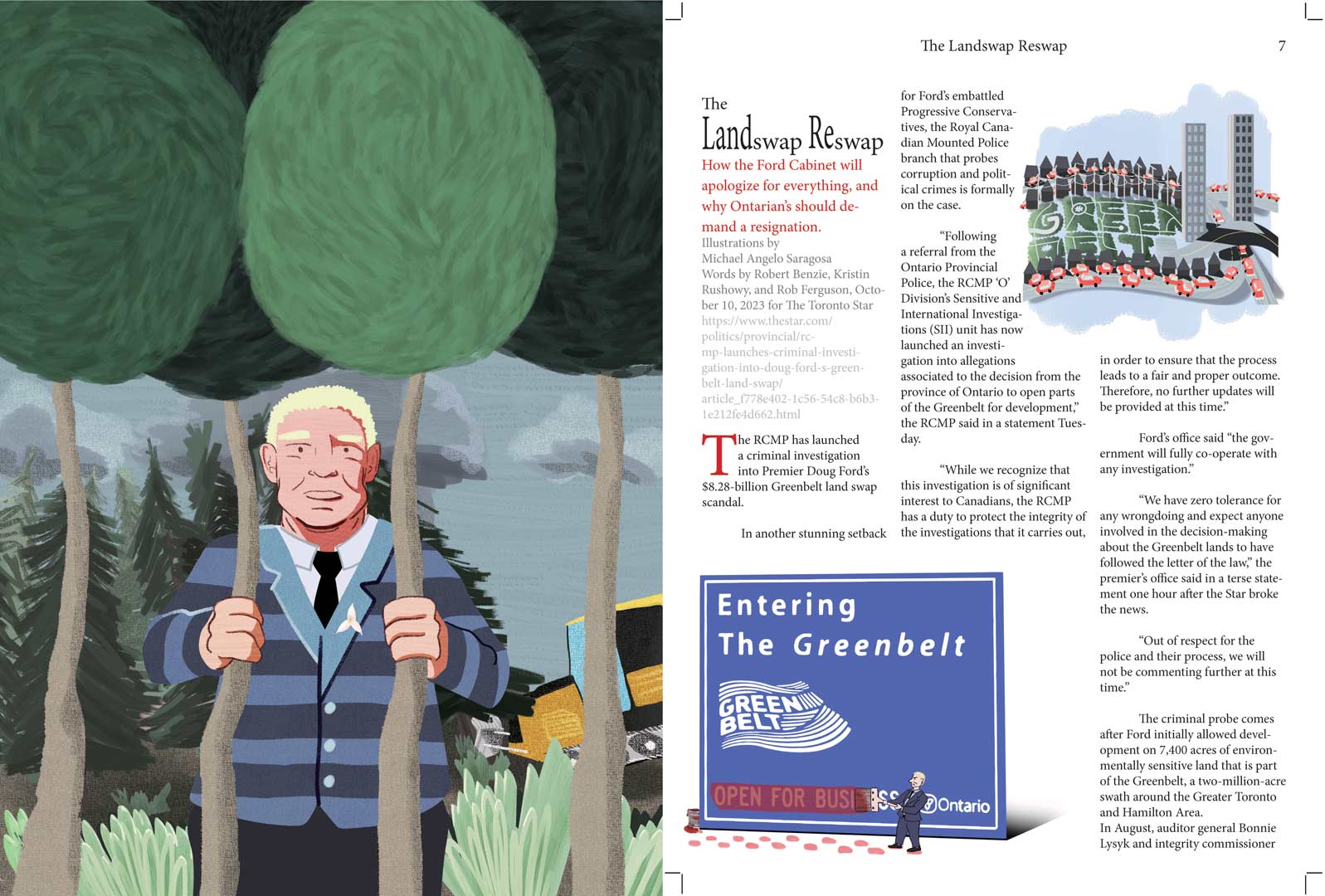 Page 2 of A Place to Stand magazine. Depicting the context of Doug Ford's Greenbelt scandals.