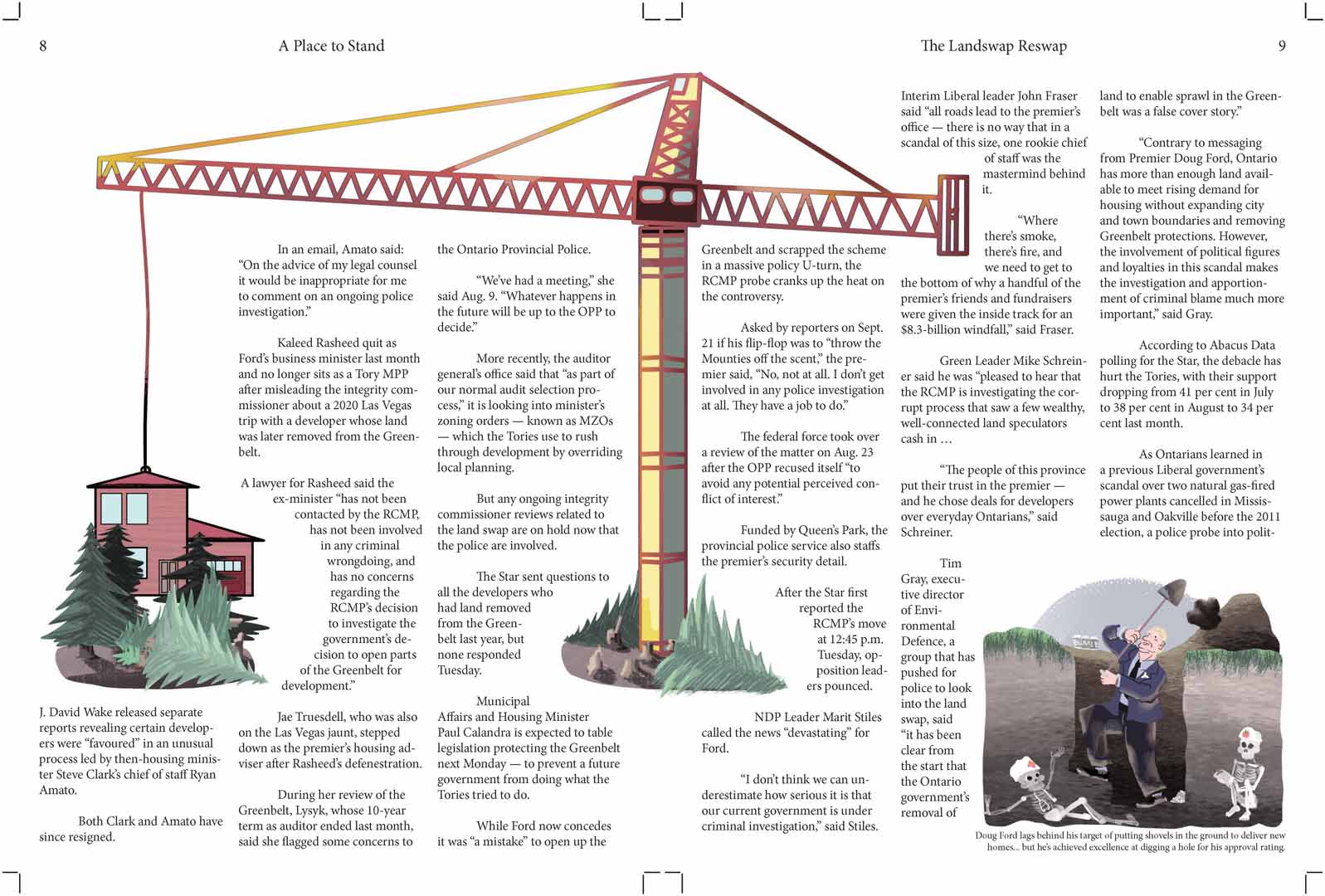 Page 3 of A Place to Stand magazine. Continuing the discussion on Doug Ford's Greenbelt scandals and policies.