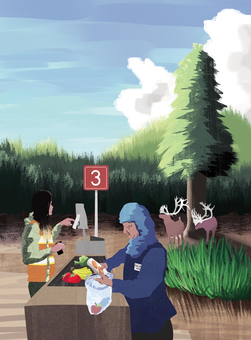 Two people stand at a grocery check-out line, in contrast to an outdoor field where two elk stand under a tree.