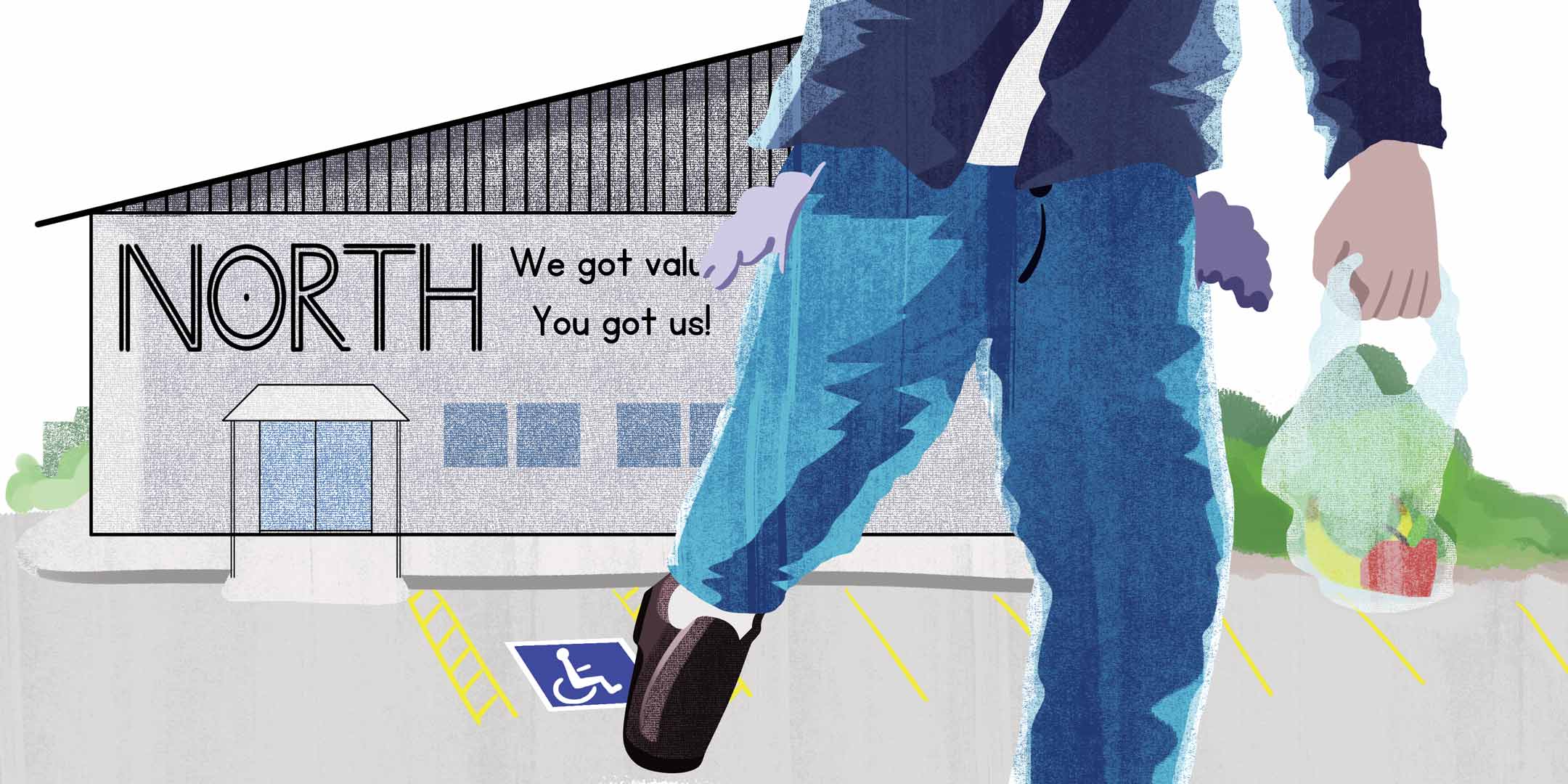 A close-up of a person leaving a grocery store with empty pockets and a small half-full plastic bag.