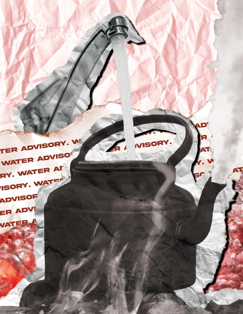 A running tap pours a copious amount of water into a boiling pot of water. Steam rises out of the pot. 'Water Advisory' text is repeated in the background.