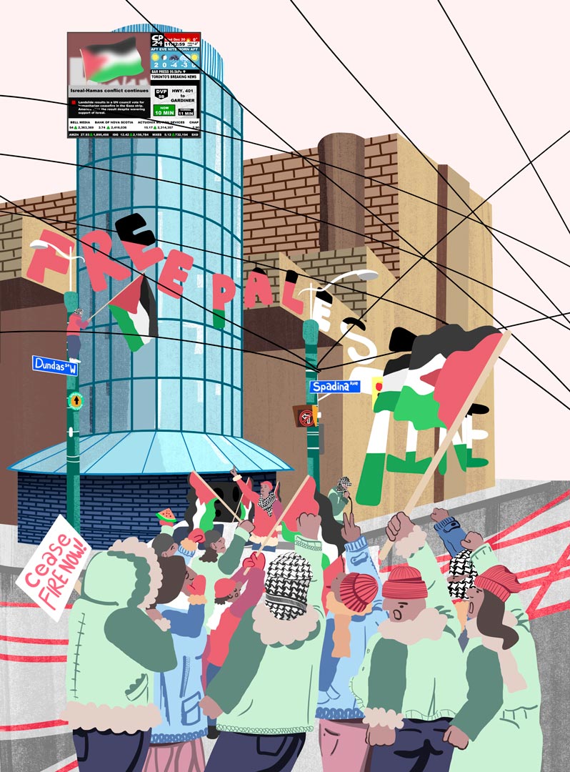 A public protest at the Queen and Spadina intersection in Toronto calling for Palestinian rights and freedom.