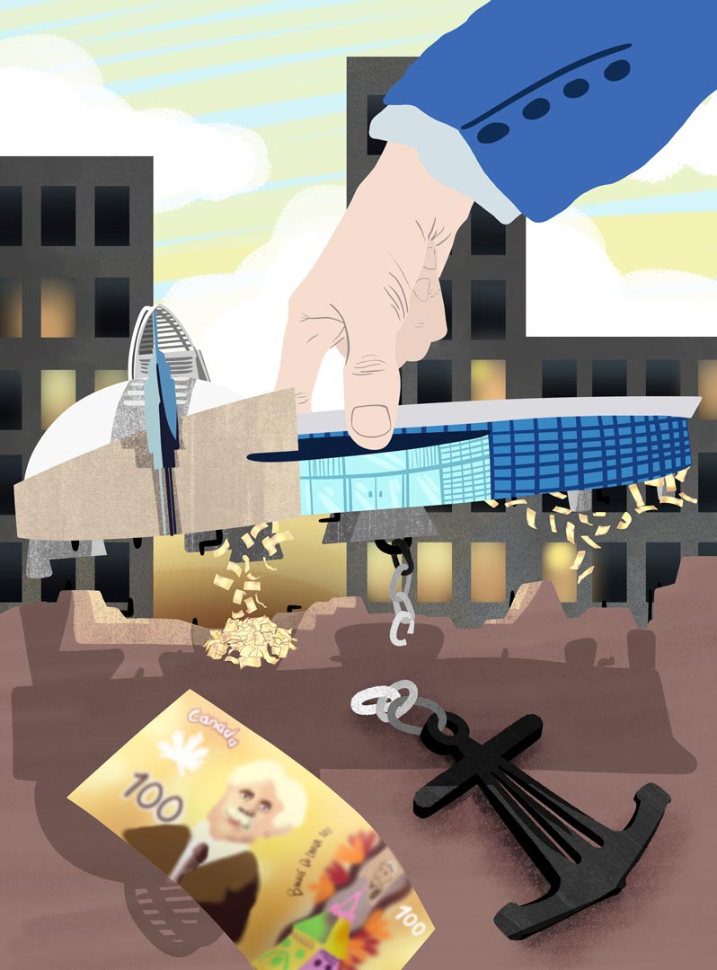 Doug Ford's large hand tears the Toronto Science Center up from its foundations. Money drains from the piping, scattering everywhere.