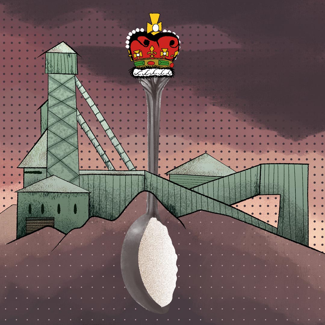 A silver spoon bearing a parlimentary crown is depicted as digging into the ground below the mine. The spoon has a scoop of arsenic, a toxic by-product from mining processes.