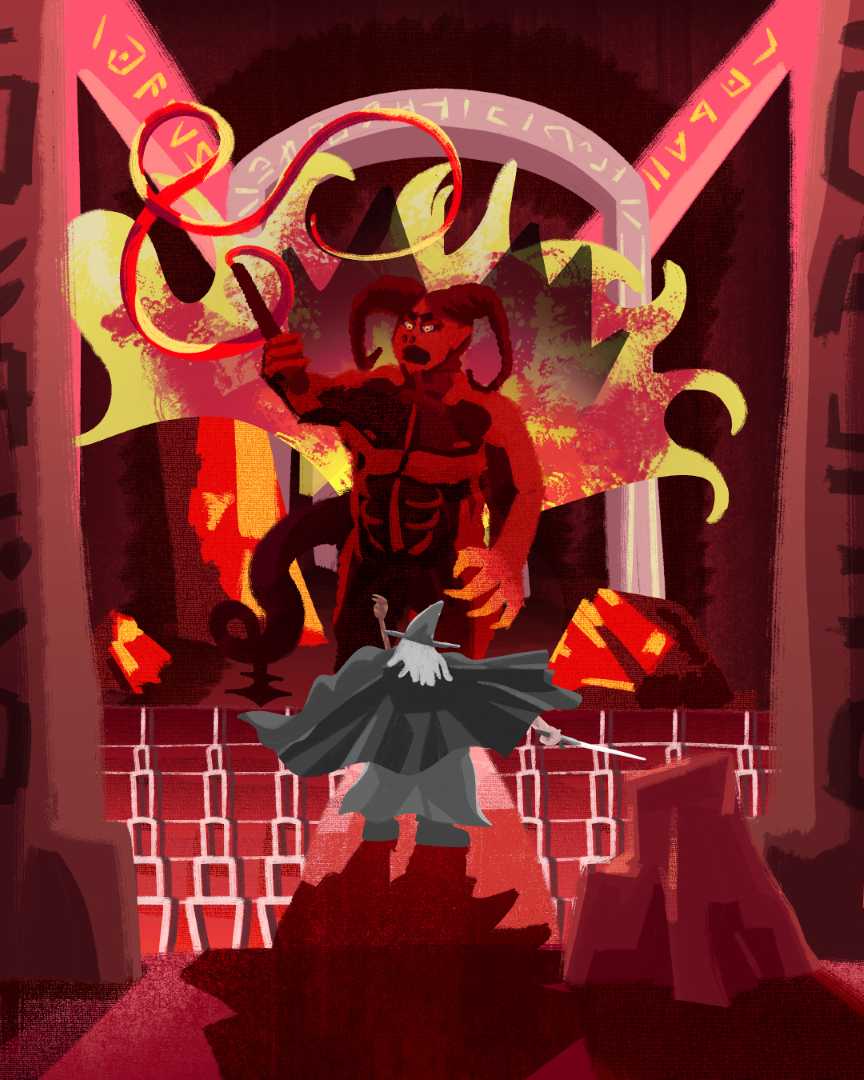 The Lord of the Rings story concept art depicting Gandalf facing off the Balrog in 'The Bridge of Khazad-dûm'.