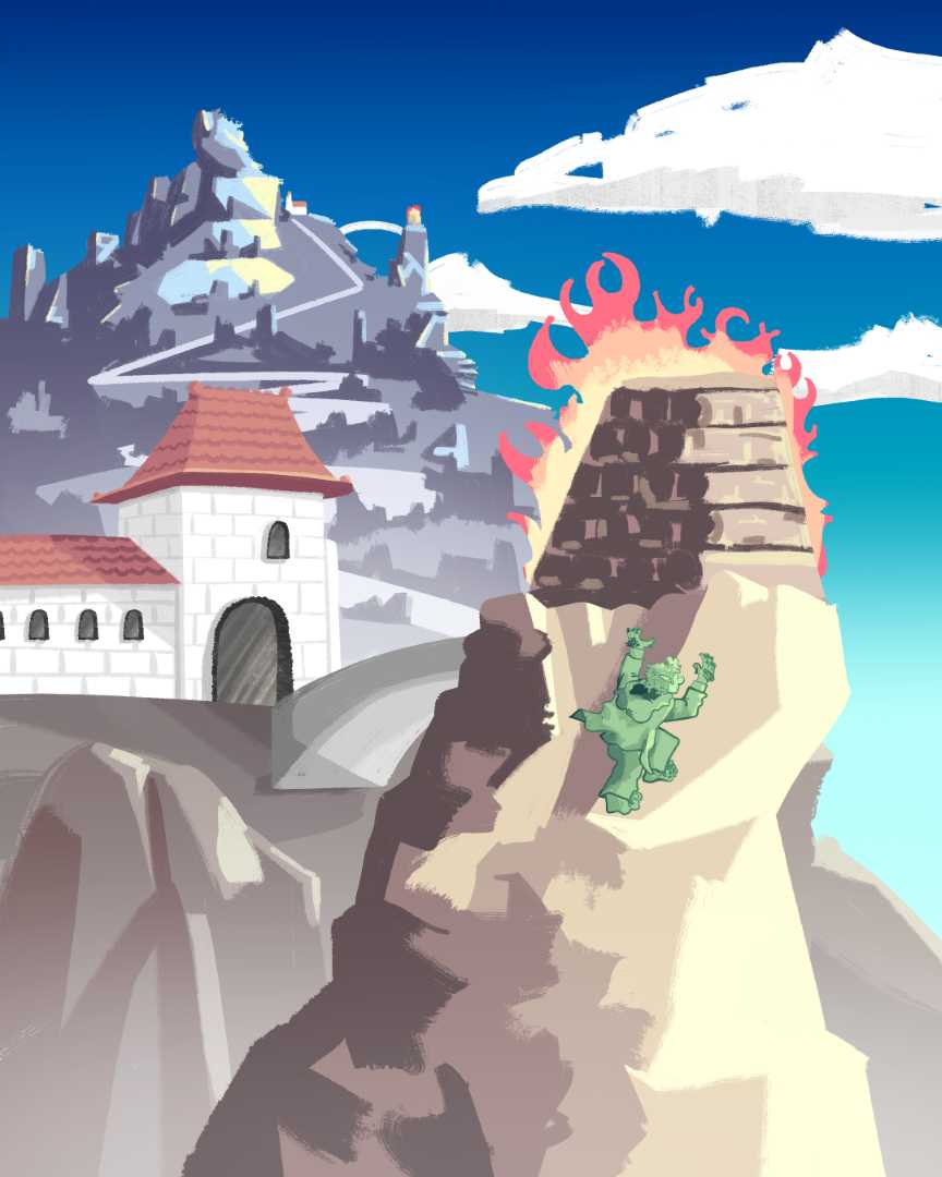 The Lord of the Rings story concept art depicting Pippin lighting the beacons of Minas Tirith in 'The Lighting of the Beacons'.