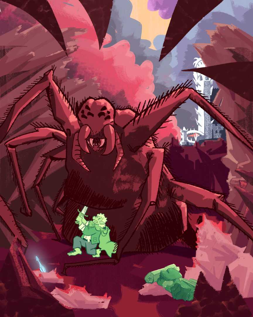 The Lord of the Rings story concept art depicting Samwise Gamgee fighting Shelob in 'Shelob's Lair'.