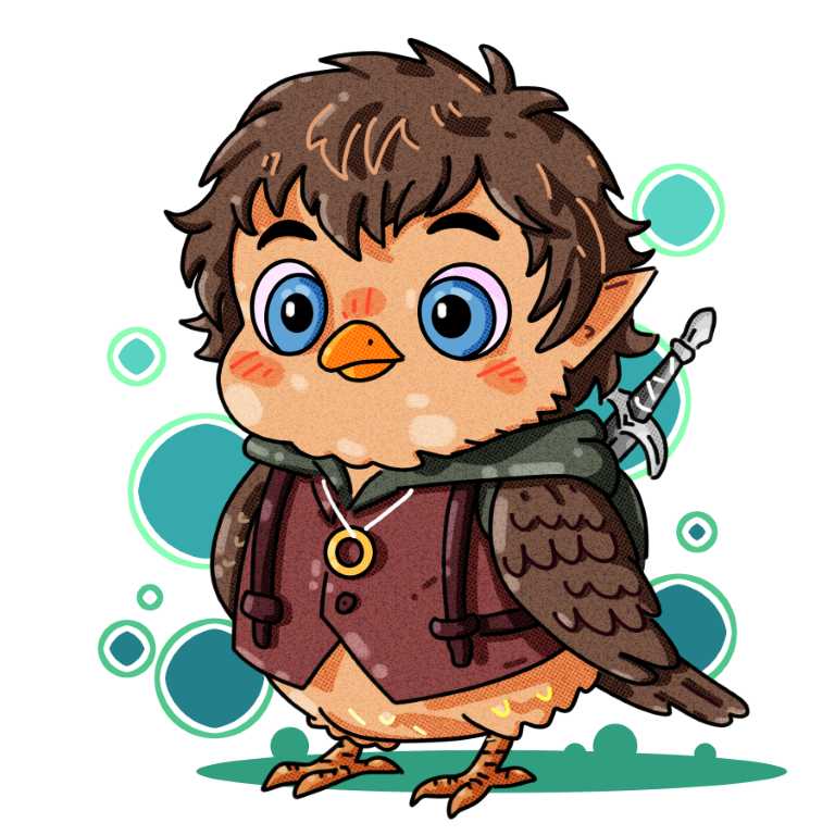 Frodo bird character design. He is depicted as a small and courageous sparrow.