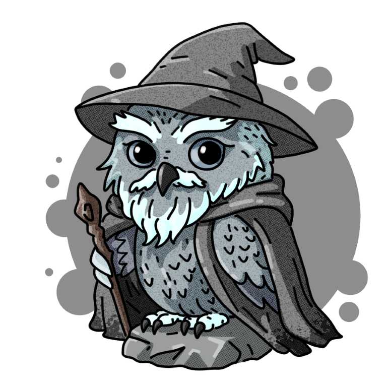 Gandalf bird character design. He is depicted as a wise and powerful owl.
