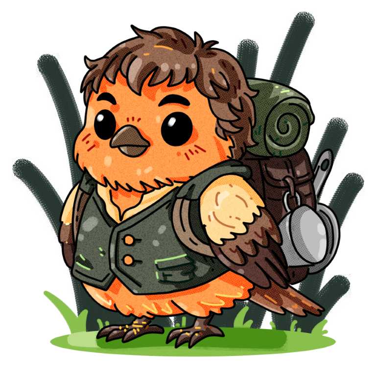 Sam bird character design. He is depicted as a loyal and courageous robin.