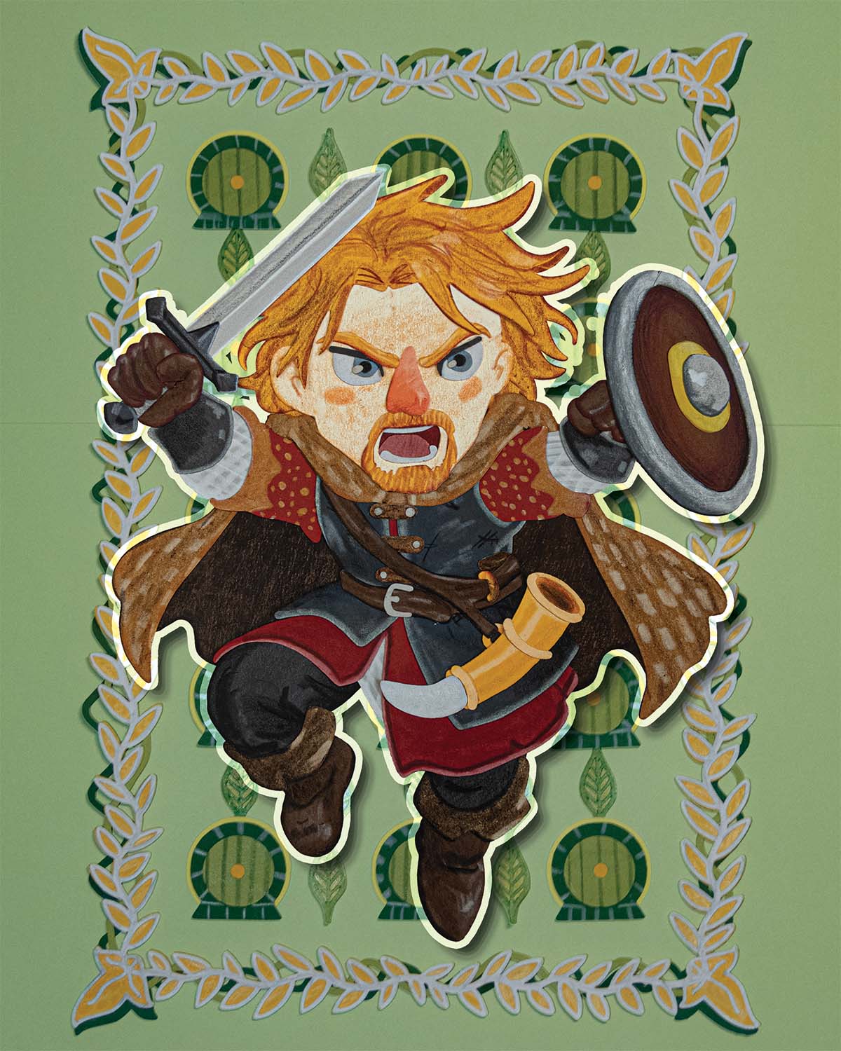 Boromir chibi paper collage illustration.