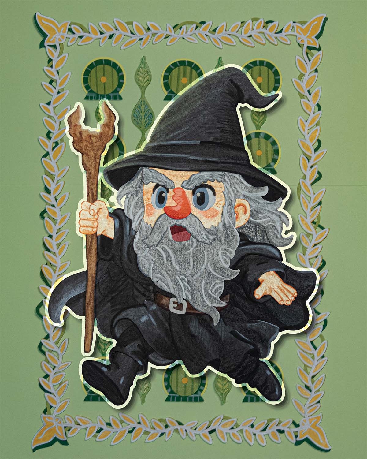 Gandalf the Grey chibi paper collage illustration.