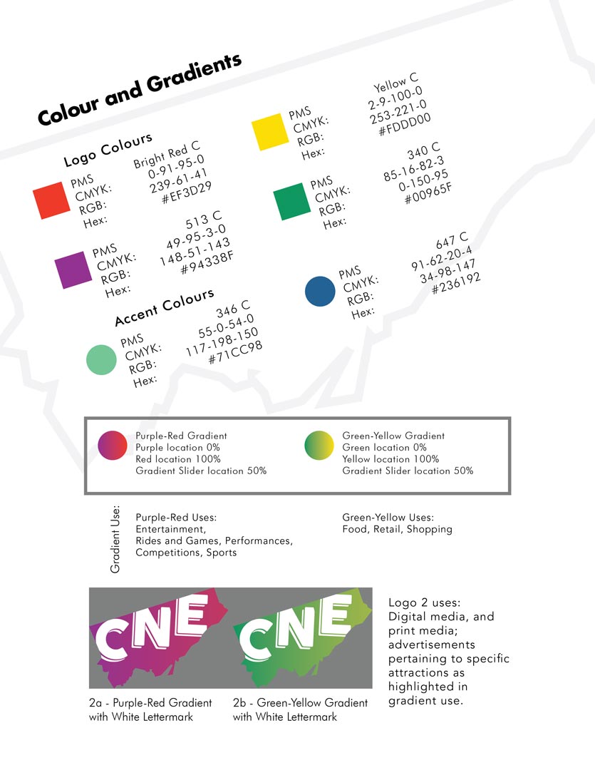 CNE brand redesign 2. Depicting colour and gradient guidelines.