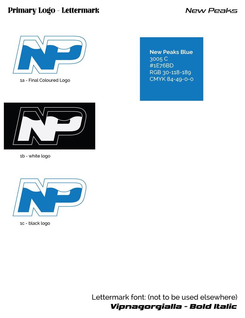 New Peaks Apparel brand 1. Depicting primary logo lettermark