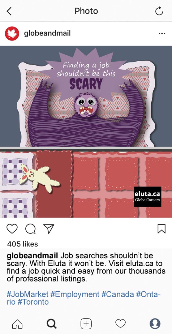 Eluta Instagram post depicting a scary purple monster coming out from under the bed.