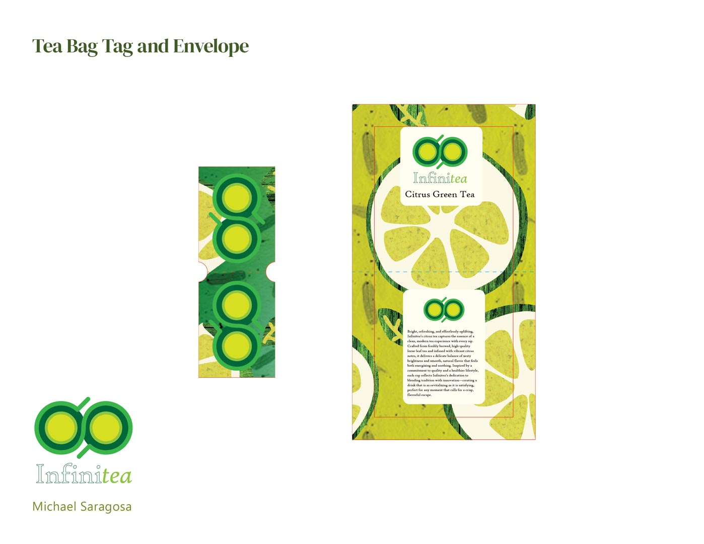 Page 5 of Infinitea package design. Tea bag tag and envelope designs.