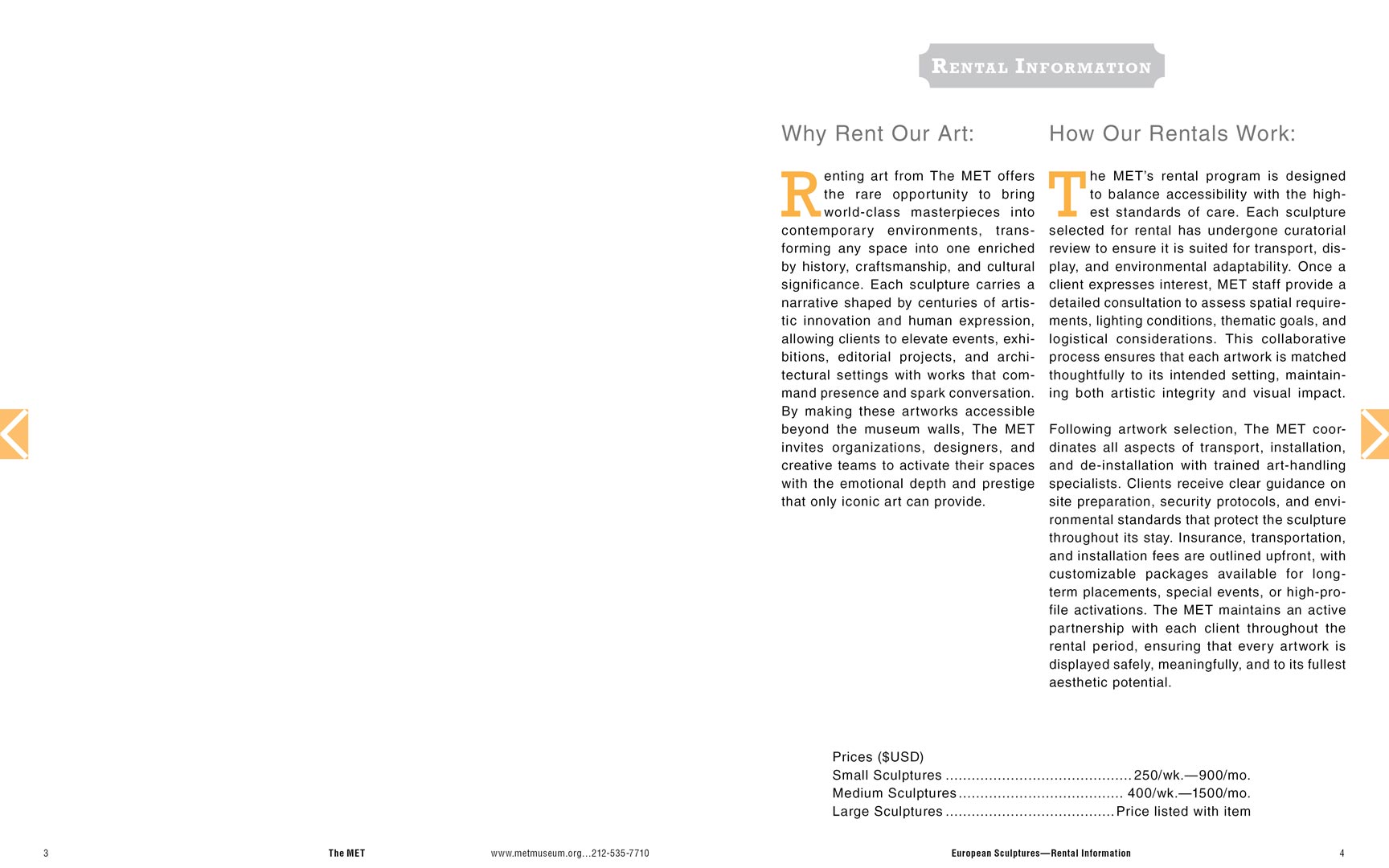 Page spread 1 of the MET Collection: Rental Catalogue. Rental information describes how to rent and prices.