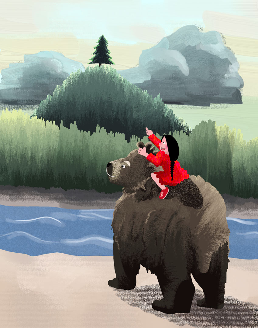A children's illustration titled 'Tallest Tree'. A young girl in a bright red dress rides on the back of a large brown bear. She points at a tall tree in the distance.