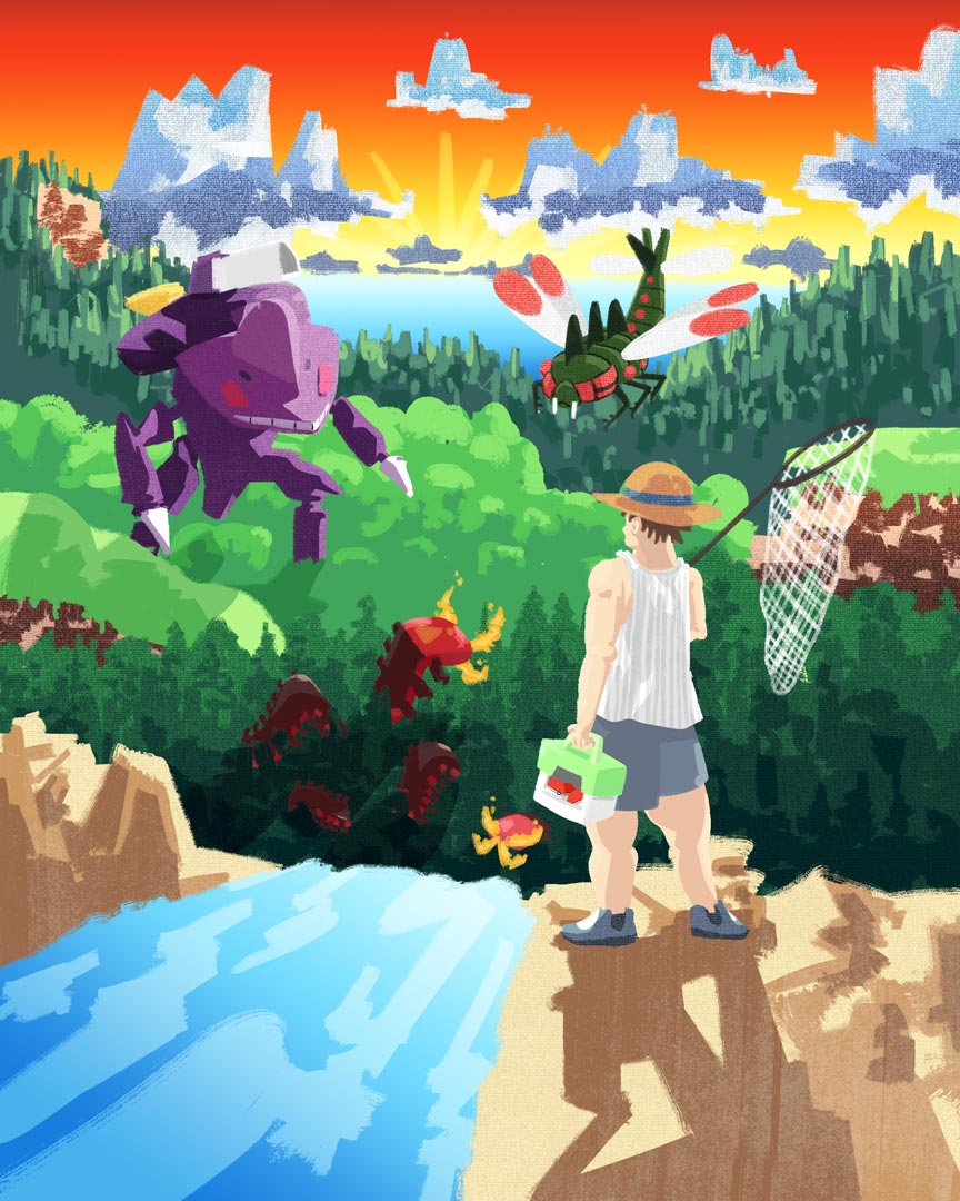 Fan art illustration of bug-type Pokemon and Bug Catcher Joey.