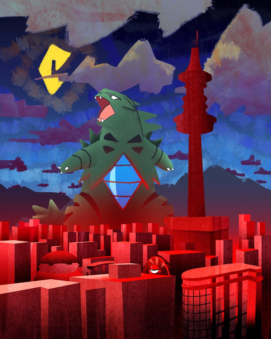 Fan art illustration of the Pokemon Tyranitar wreaking havoc on Jublife City.
