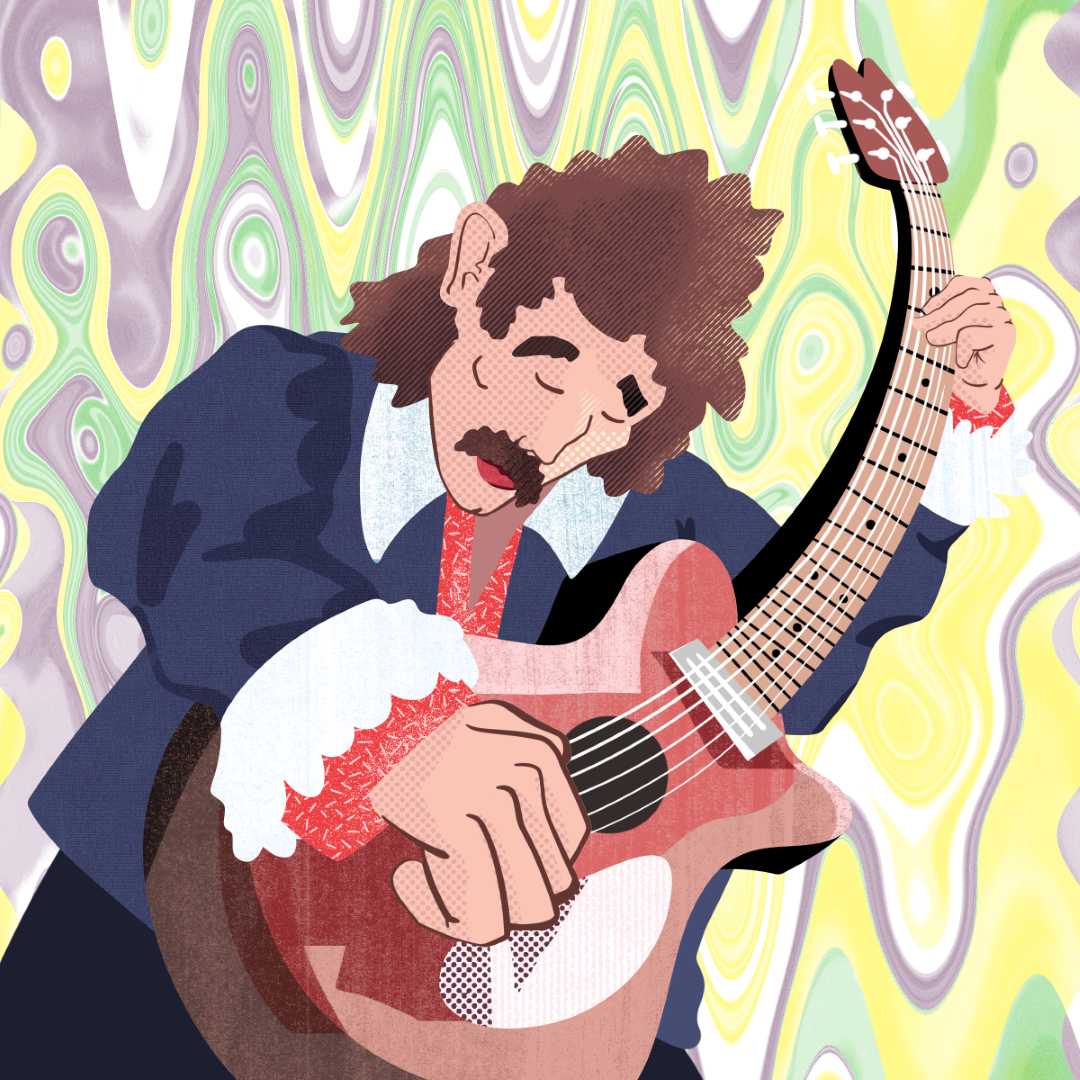 An illustrative portrait of George Harrison from 'The Beatles' playing his guitar along with a psychedelic background.