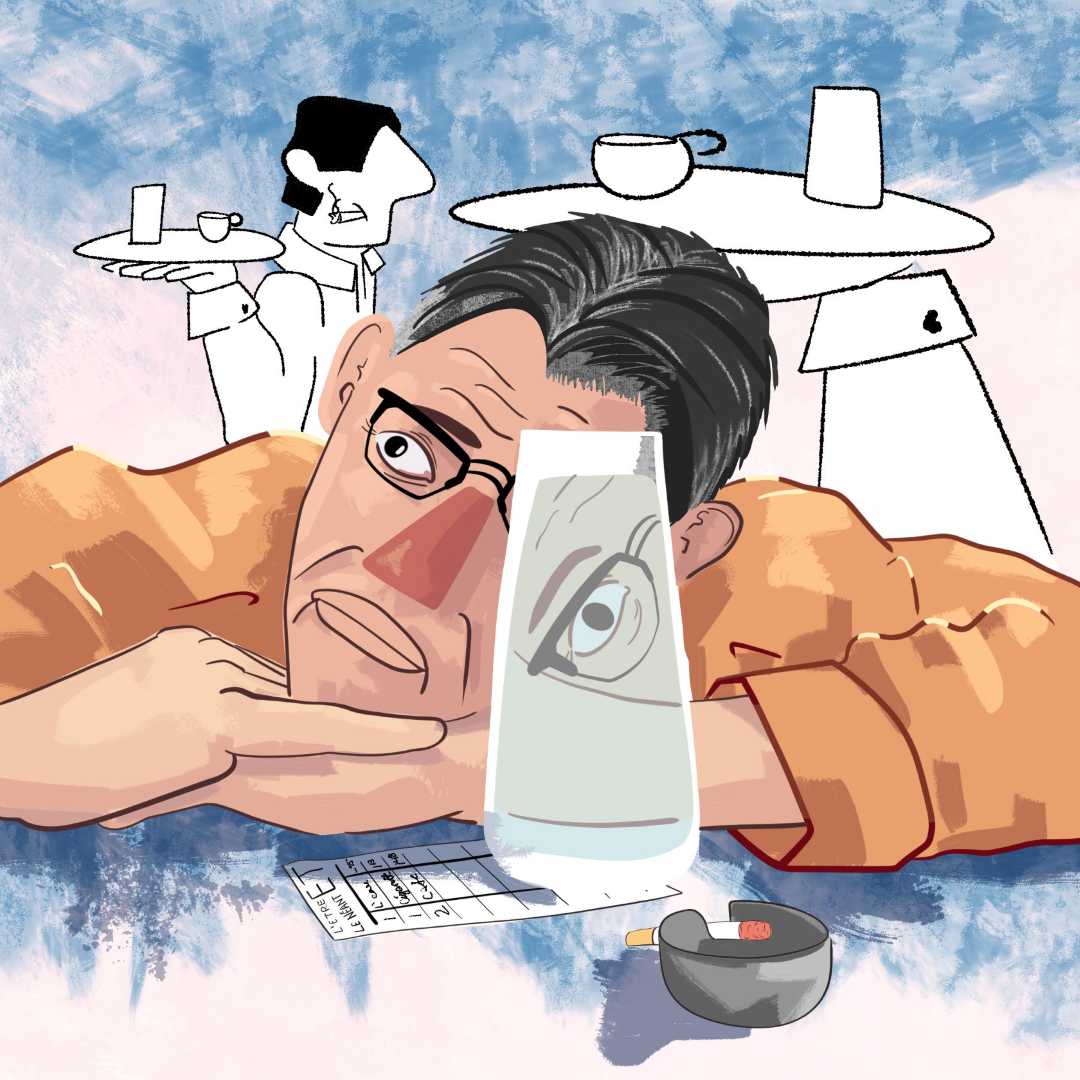 An illustrative portrait of Jean-Paul Sartre. Depicting his concept of bad faith from his philosophical work 'Being and Nothingness'.