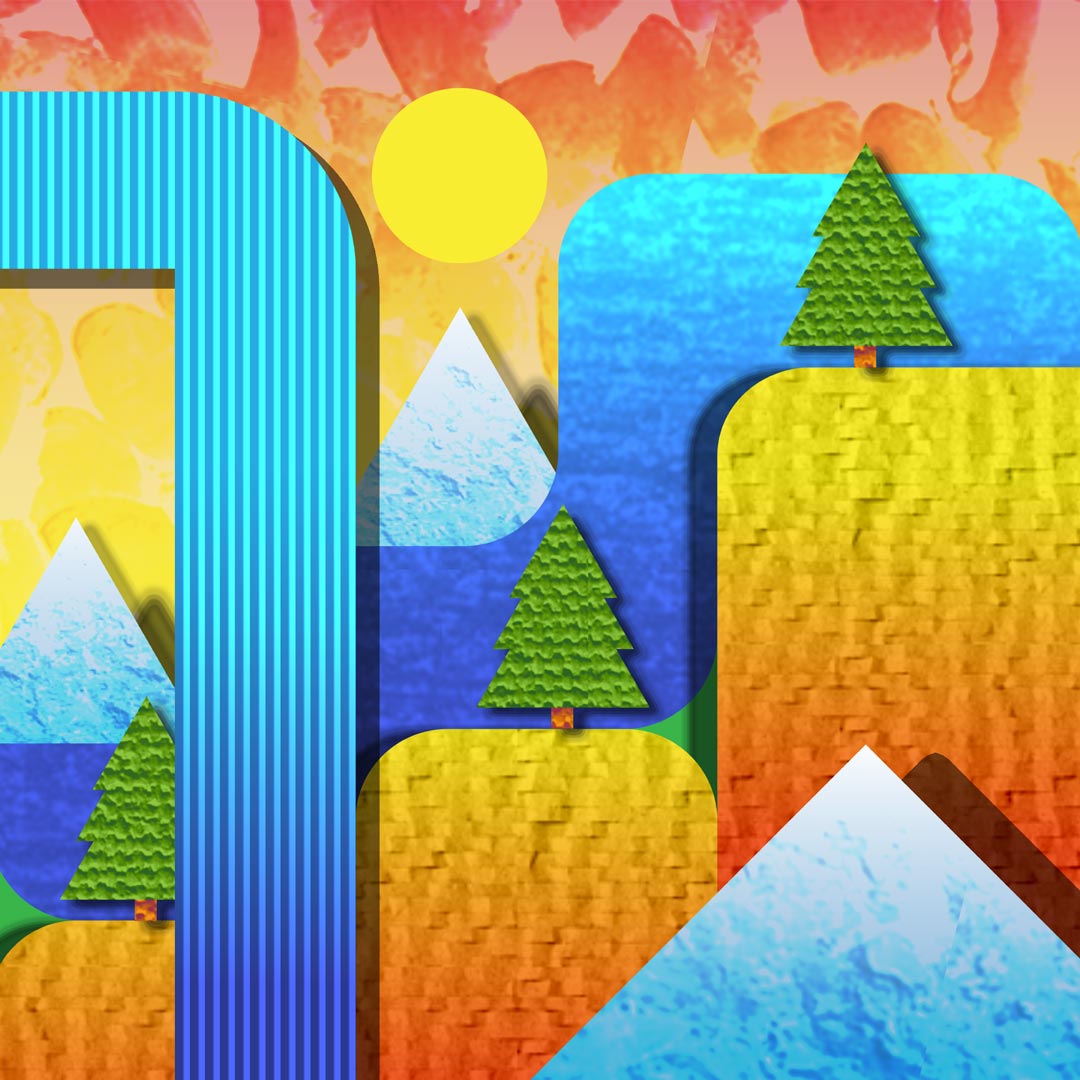 A collage illustration of a sun rise behind mountains and waterfalls.