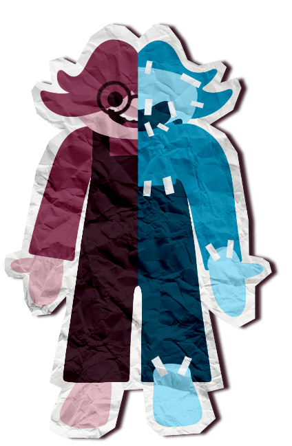 A full body anatomical image of Paper Patchy where the left half of Patchy is shows his front features, and the right half shows his how he is put together in the back.