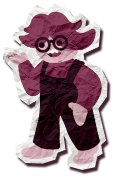 Paper Patchy standing with one arm on his hip and the other arm raised, as if he's in mid conversation.