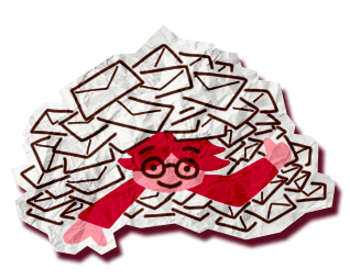 Paper Patchy buried under a pile of letters and messages, trying to keep up with all the correspondence.