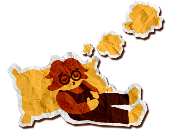 Paper Patchy leaning back into a pillow asleep. His dreams escape his mind like puffs of cloud.